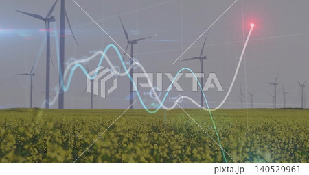 Dominating wind turbines rising across rural wind farm, showing yellow crop field and waveform data Dominating wind turbines rising across rural wind farm, showing yellow crop field and waveform data 140529961
