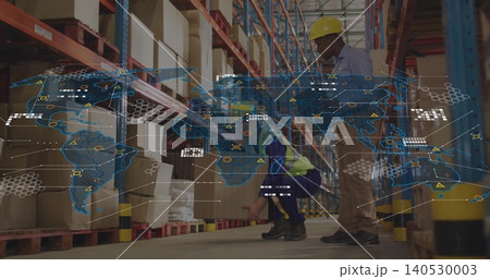 Inspecting workers crouching checking pallet in warehouse, wearing safety gear, AR map, copy space Inspecting workers crouching checking pallet in warehouse, wearing safety gear, AR map, copy space 140530003