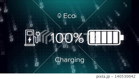 Displaying centered UI cluster showing 100% battery with charging station and Eco leaf on dark grid 140530042