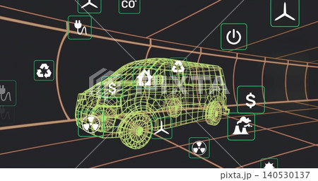 Displaying neon-green wireframe van moving in dark grid tunnel, showing floating green icon tiles Displaying neon-green wireframe van moving in dark grid tunnel, showing floating green icon tiles 140530137