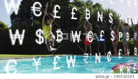Jumping woman in yellow swimsuit, group cheering at backyard pool, with currency symbols and float Jumping woman in yellow swimsuit, group cheering at backyard pool, with currency symbols and float 140530161