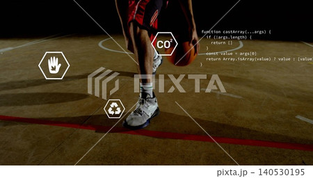 Dribbling male basketball player moving on gym court, showing ball, shorts, code text, hex overlays 140530195
