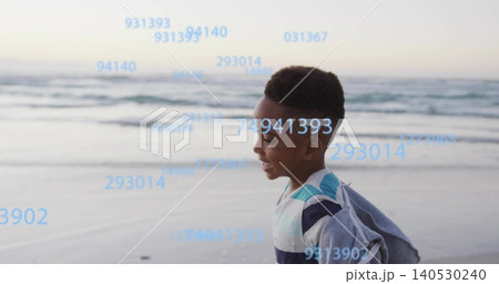 Smiling kid facing right at shore wearing jacket and striped shirt blue numeric overlay, copy space 140530240