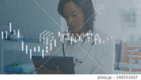 Checking woman doctor holding tablet in clinic, wearing lab coat and stethoscope, candlestick chart Checking woman doctor holding tablet in clinic, wearing lab coat and stethoscope, candlestick chart 140531007