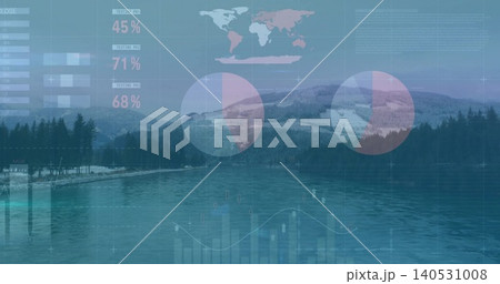 Displaying mountain lake reflecting tree line and snow patches with dock posts, faint data charts 140531008