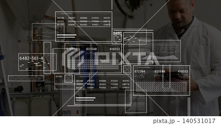 Inspecting senior technician in lab coat using tablet by tanks with HUD overlays, copy space 140531017