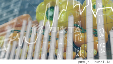 Showing stacked yellow-orange tomatoes on vine with green stems in crates at store financial chart 140531018