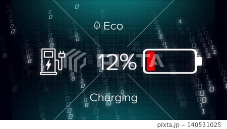 Displaying battery indicator showing 12% red low bar on EV dashboard with Eco leaf, station icon Displaying battery indicator showing 12% red low bar on EV dashboard with Eco leaf, station icon 140531025
