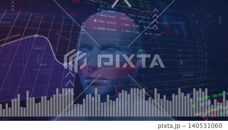 Showing 3D humanoid head and torso merging with grid and market charts in dashboard, with candles Showing 3D humanoid head and torso merging with grid and market charts in dashboard, with candles 140531060