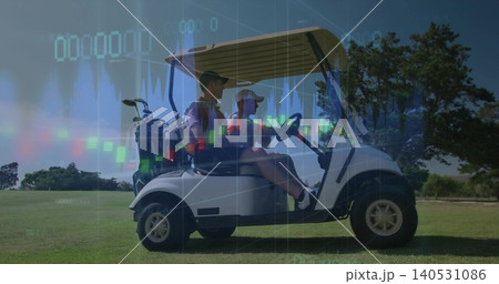 Riding men wearing caps driving white golf cart on fairway, showing golf bag and financial charts 140531086