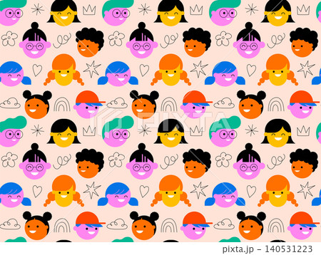 Seamless back to school pattern with smiling schoolchildren icons and linear doodles. Colorful Seamless back to school pattern with smiling schoolchildren icons and linear doodles. Colorful 140531223