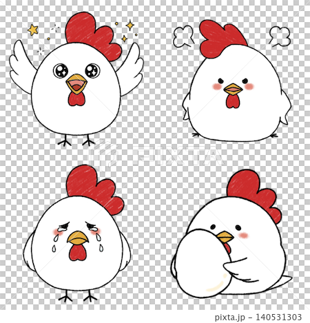 かわいいニワトリの表情4個セット｜喜怒哀楽と卵を抱える手描き風イラスト 140531303