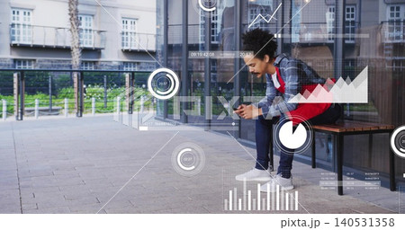 Sitting man checking phone by glass storefront bench with AR data overlays, red apron, copy space Sitting man checking phone by glass storefront bench with AR data overlays, red apron, copy space 140531358