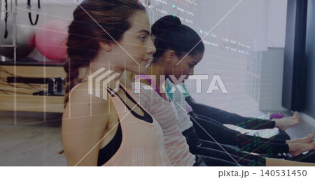 Stretching woman in pink tank with bra strap reaching in fitness studio, exercise balls, copy space Stretching woman in pink tank with bra strap reaching in fitness studio, exercise balls, copy space 140531450