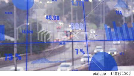 Overlaying translucent blue data covering urban lanes, with cars, median, lamps, lights and charts Overlaying translucent blue data covering urban lanes, with cars, median, lamps, lights and charts 140531509