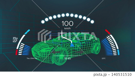 Displaying neon wireframe sports car rotating in 3D grid bay, showing 100 km or h, arc gauges, 22°C Displaying neon wireframe sports car rotating in 3D grid bay, showing 100 km or h, arc gauges, 22°C 140531510