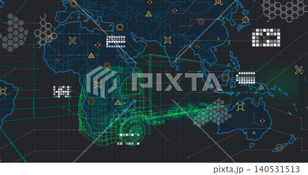Displaying neon green wireframe truck and trailer on virtual HUD grid, with blue map outlines Displaying neon green wireframe truck and trailer on virtual HUD grid, with blue map outlines 140531513