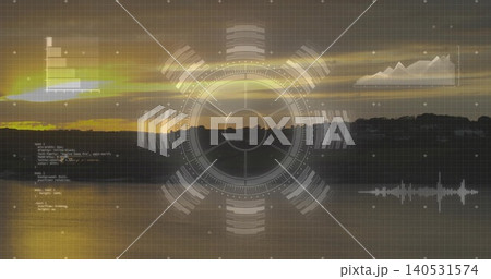 Displaying central HUD reticle covering lake sunset, showing grid, charts, treeline, lensflare Displaying central HUD reticle covering lake sunset, showing grid, charts, treeline, lensflare 140531574