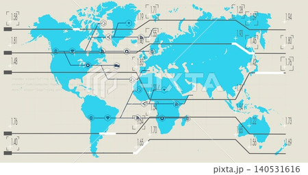 Displaying cyan world map showing regional data on beige grid, with connector lines, numeric labels 140531616