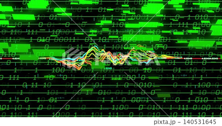 Streaming multicolor waveform across data display, with binary digits, green tiles, gridlines Streaming multicolor waveform across data display, with binary digits, green tiles, gridlines 140531645