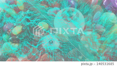 Floating teal particle mesh around large translucent orb in abstract cosmic seascape, with coral Floating teal particle mesh around large translucent orb in abstract cosmic seascape, with coral 140531685