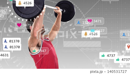 Lifting athlete in red tank holding Olympic barbell on tech HUD with social icons, copy space 140531727