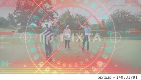 Putting four men in polo shirts lining up putt on green, with flagstick, putter, ball, HUD Putting four men in polo shirts lining up putt on green, with flagstick, putter, ball, HUD 140531791