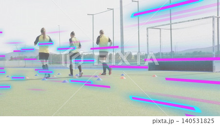 Running 3 female athletes wearing yellow bibs black shorts on turf cones goal magenta cyan glitch Running 3 female athletes wearing yellow bibs black shorts on turf cones goal magenta cyan glitch 140531825