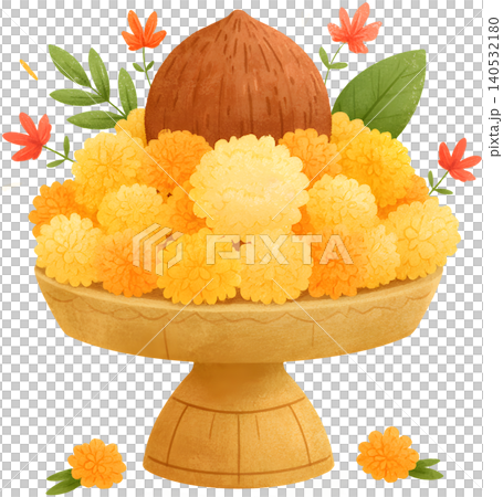 Indian Kalash Pooja Thali with Marigold Flowers and Coconut Indian Kalash Pooja Thali with Marigold Flowers and Coconut 140532180