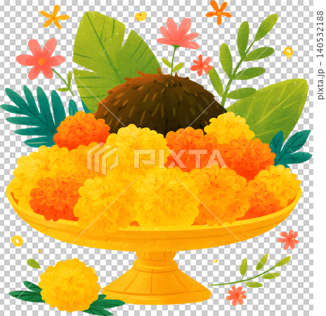 Indian Kalash Pooja Thali with Marigold Flowers and Coconut 140532188
