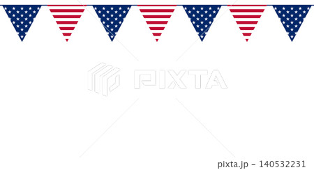 USA flag pennants straight bunting border for patriotic American holidays isolated on transparent background. Copy space. PNG. Vector USA flag pennants straight bunting border for patriotic American holidays isolated on transparent background. Copy space. PNG. Vector 140532231