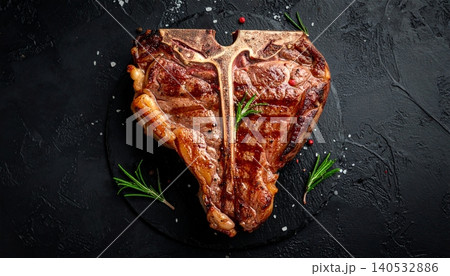 Steak with rosemary on a black background. Top view Steak with rosemary on a black background. Top view 140532886
