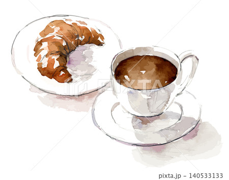 コーヒーとクロワッサンの朝食の水彩イラスト コーヒーとクロワッサンの朝食の水彩イラスト 140533133