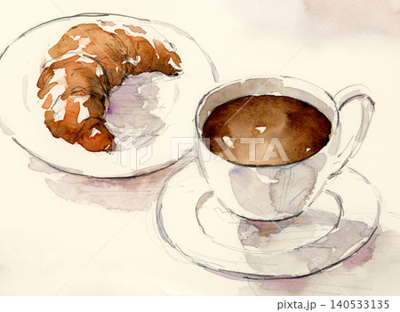 コーヒーとクロワッサンの朝食の水彩画 コーヒーとクロワッサンの朝食の水彩画 140533135
