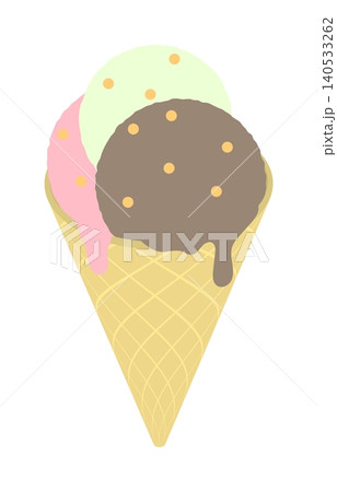 Melting balls of chocolate, vanilla and strawberry ice cream in a waffle cone. 3D cartoon vector crispy waffle ice cream on white back Melting balls of chocolate, vanilla and strawberry ice cream in a waffle cone. 3D cartoon vector crispy waffle ice cream on white back 140533262