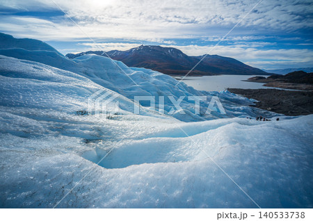 Perito moreno glacier patagonia los glaciares national park ice field under dramatic sky with distant mountain and lake view Perito moreno glacier patagonia los glaciares national park ice field under dramatic sky with distant mountain and lake view 140533738