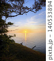 Tree branches framing sunset over calm sea 140533894