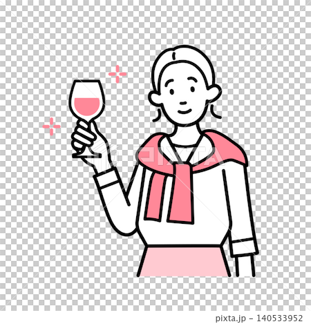 一位女士手拿酒杯,微笑。 一位女士手拿酒杯,微笑。 140533952