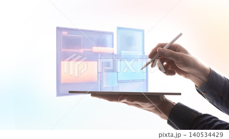 Stylus interacting with holographic interface blocks in modular digital system on clean background. 140534429