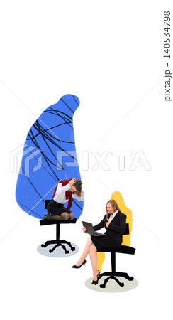 Two businesswomen sitting on chairs with different emotions in handmade illustration style. Two businesswomen sitting on chairs with different emotions in handmade illustration style. 140534798