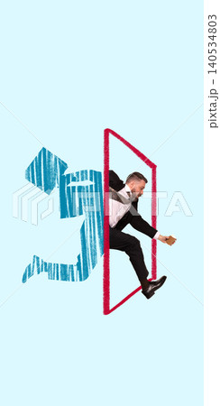 Businessman stepping through abstract doorway in handmade illustration style. Businessman stepping through abstract doorway in handmade illustration style. 140534803