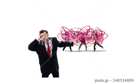 Stressed businessman blocking chaotic communication with handmade drawings. 140534809