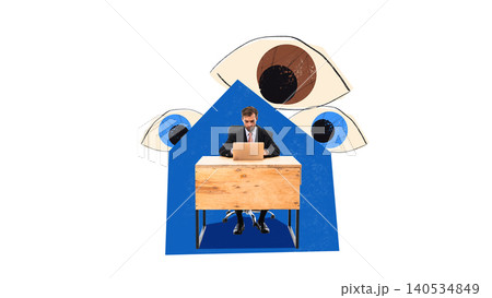 Businessman working under surveillance with abstract eyes and handmade drawings. Businessman working under surveillance with abstract eyes and handmade drawings. 140534849