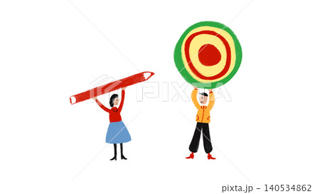 Hand drawn people carrying pencil and target in childlike goal setting illustration. Hand drawn people carrying pencil and target in childlike goal setting illustration. 140534862
