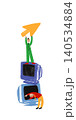 Hand drawn worker standing on stacked computers with paper plane in childlike illustration. 140534884