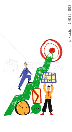 Hand drawn team climbing green growth arrow toward target in childlike business illustration. Hand drawn team climbing green growth arrow toward target in childlike business illustration. 140534892