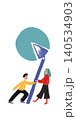 Hand drawn people lifting pie chart with oversized pencil in business illustration. 140534903