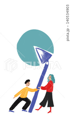 Hand drawn people lifting pie chart with oversized pencil in business illustration. 140534903