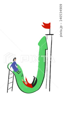 Childlike hand drawn style people sliding on rising arrow with red flag and ladder illustration. Childlike hand drawn style people sliding on rising arrow with red flag and ladder illustration. 140534909