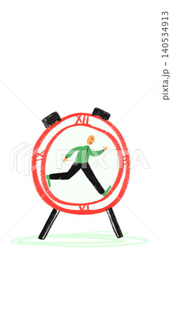 Childlike illustration of man running inside alarm clock on white background. Childlike illustration of man running inside alarm clock on white background. 140534913